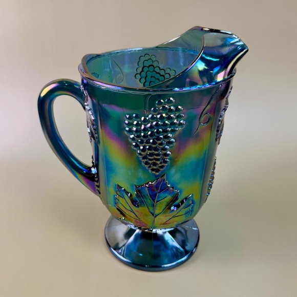 Vintage Indiana Glass Blue Carnival Grape Vine Pitcher | Iridescent Pedestal - Picture 2 of 16